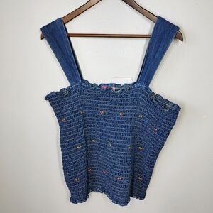 She's Cool Top Womens Plus 1X Blue Denim Floral Embroidered Smocked Cottagecore